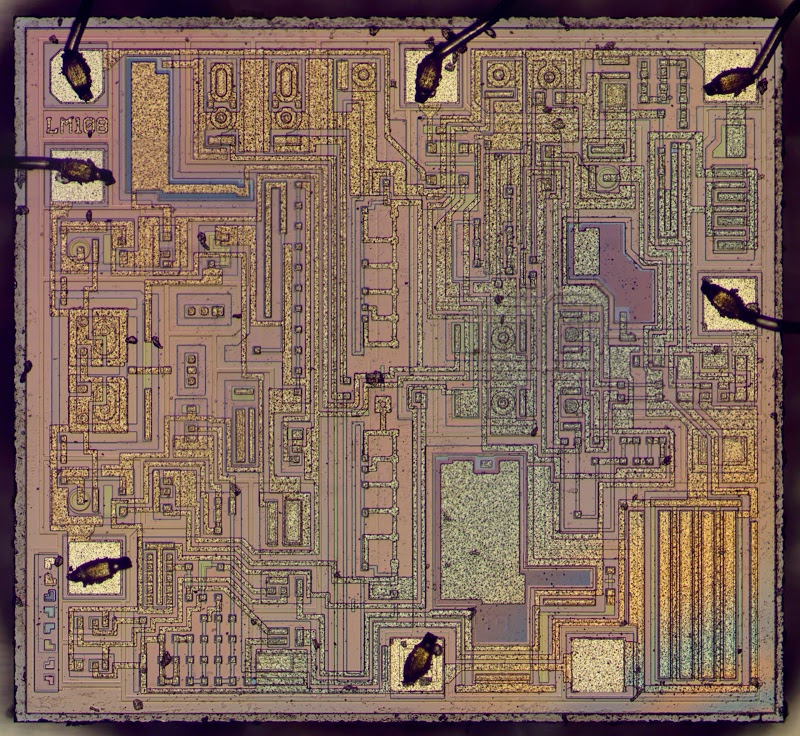 Die photo of the LM308 op amp. The LM308 is the commercial version of the LM108.
