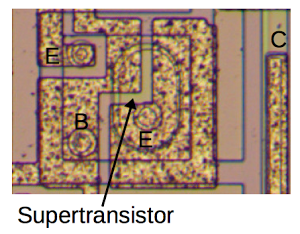 This unusual transistor from the LM108 has two emitters: one has a regular base and one has a supertransistor base. The second emitter is not connected to anything.