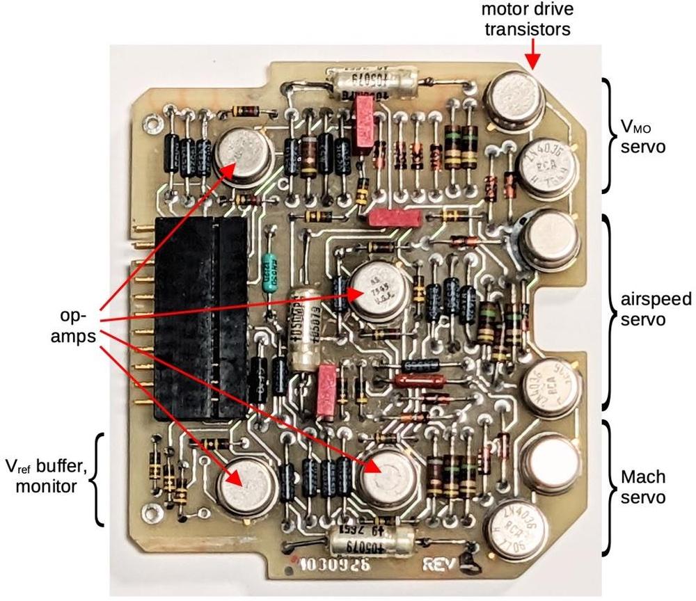 The servo board is full of transistors, resistors, capacitors, diodes, and op-amp integrated circuits.