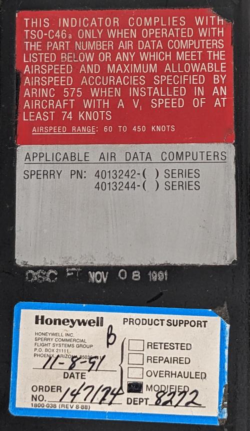 Labels on top of the unit indicate that it worked with the Sperry 4013242 and 4013244 air data computers. These became the Honeywell AZ-242 and AZ-244.