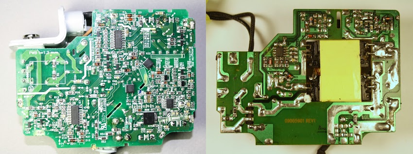 The circuit board of the Apple 85W Macbook charger (left) compared with an imitation charger (right). The genuine charger has many more components.