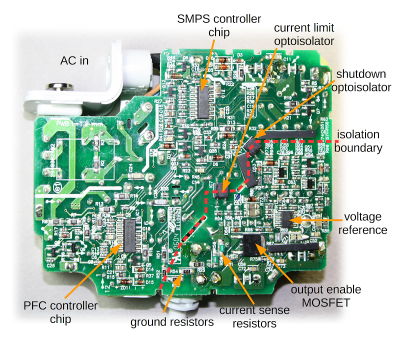 The printed circuit board from an Apple 85W Macbook power supply, showing the tiny components inside the charger.