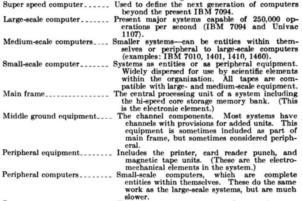 Definitions from Automatic Data Processing Equipment, Goddard Space Center, 1965. "Main frame" was defined as "The central processing unit of a system including the hi-speed core storage memory bank. (This is the electronic element.)