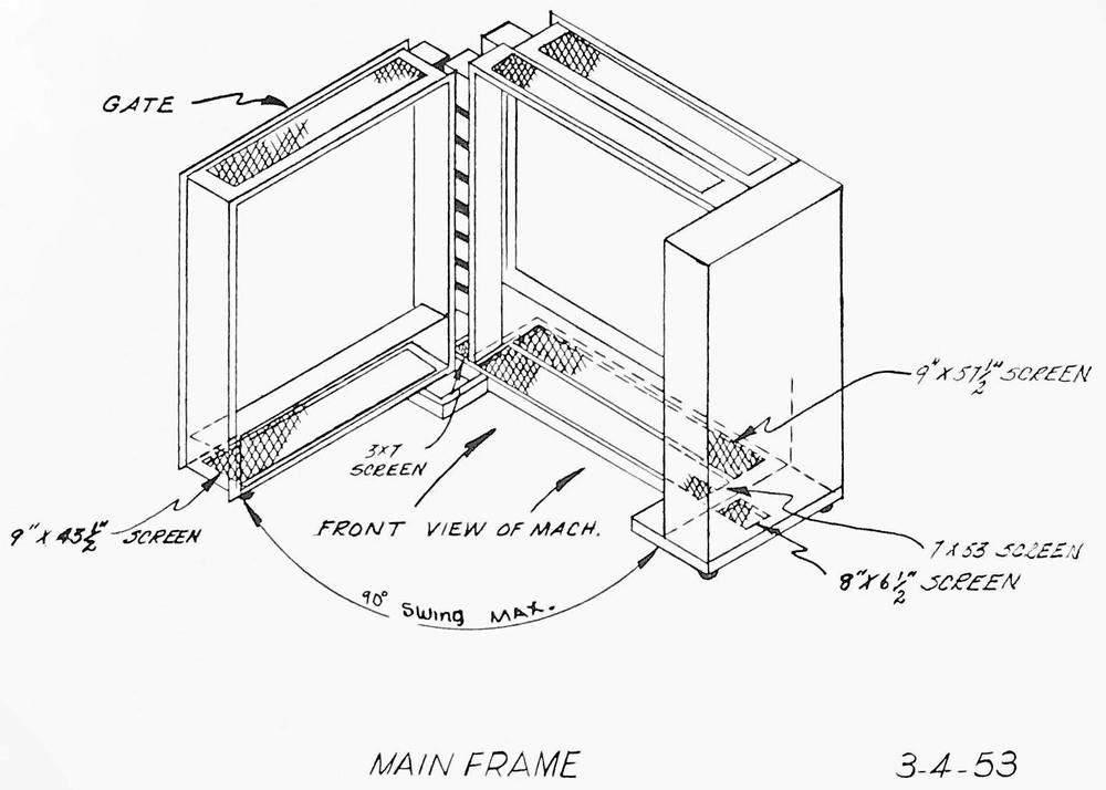 This diagram shows how the IBM 701 mainframe swings open for access to the circuitry. From "Type 701 EDPM Installation Manual", IBM. From Computer History Museum archives.