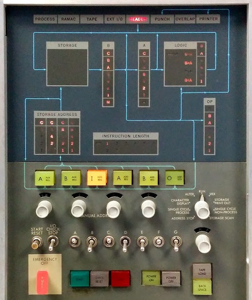 The console of an IBM 1401 mainframe.