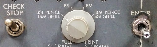 This knob on the control panel of the IBM 1401 computer selects the storage mode for pence and shillings.