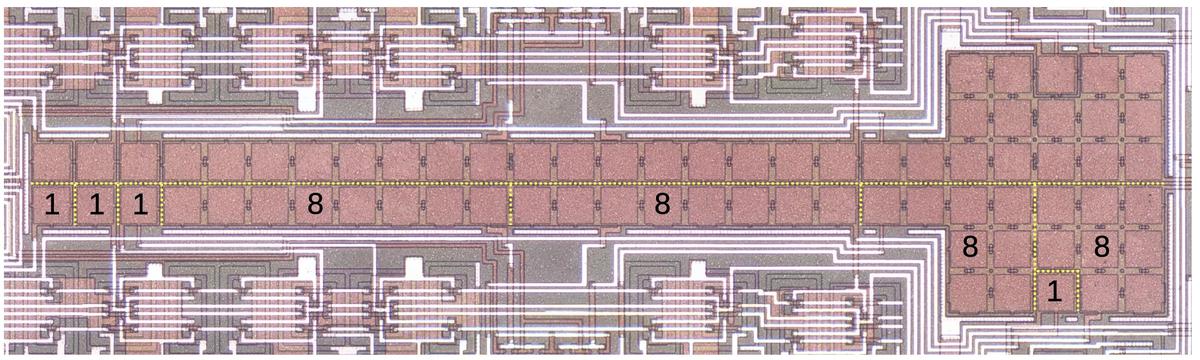 The grid of capacitors in the MF10. I've added yellow lines to show how the capacitors are grouped. The switches are above and below the capacitors.
