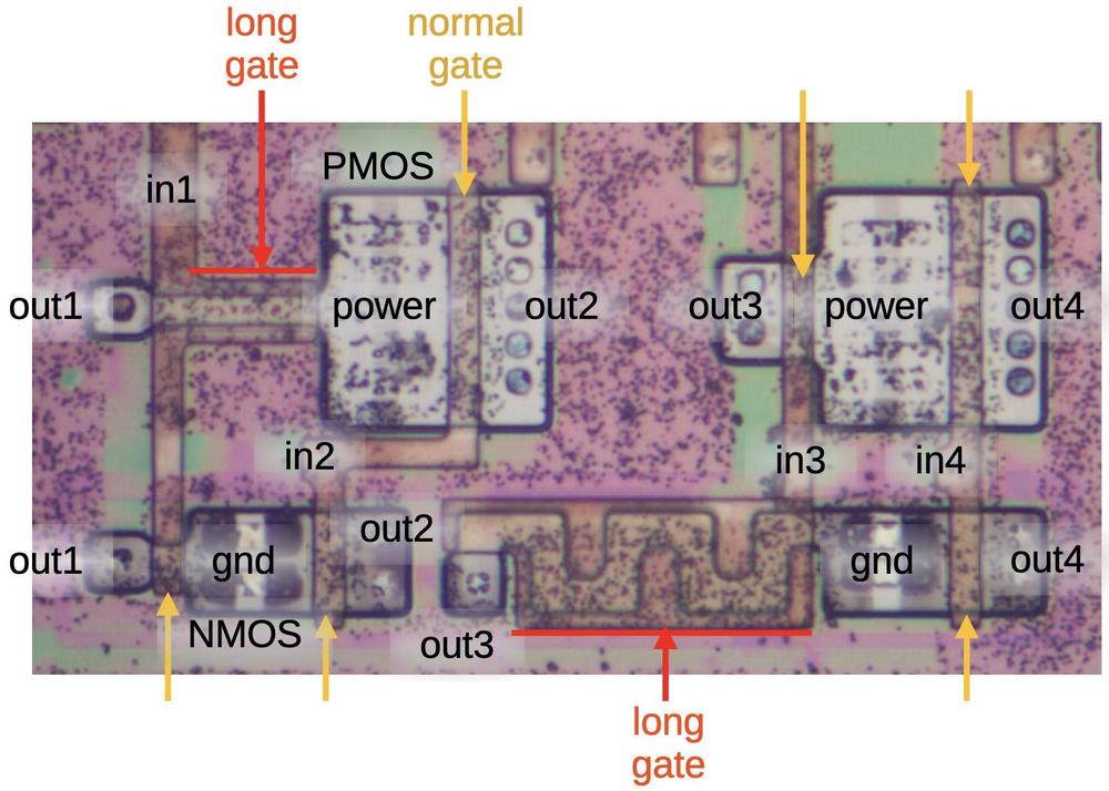 The four inverters that handle the ternary input. I flipped the image to make the orientation better.