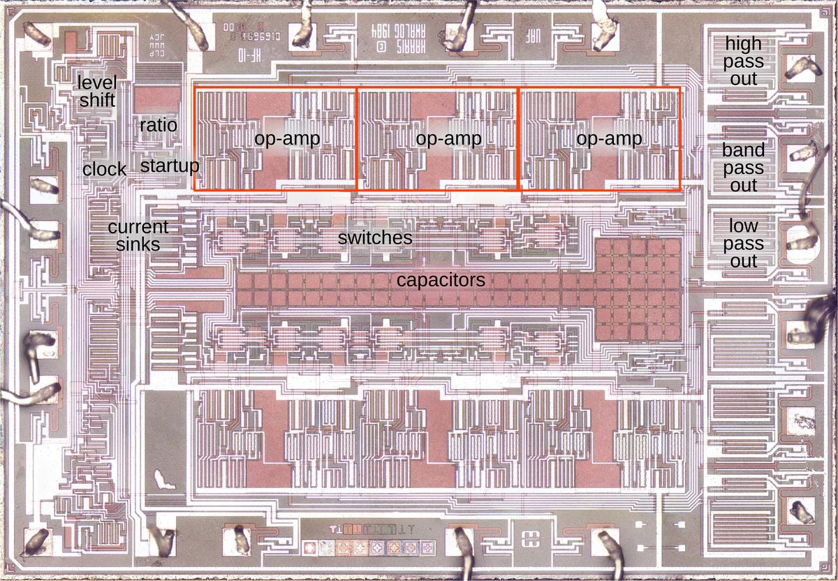 The Harris HF-10 die under the microscope with the main functional blocks labeled. (Click for a larger image.)