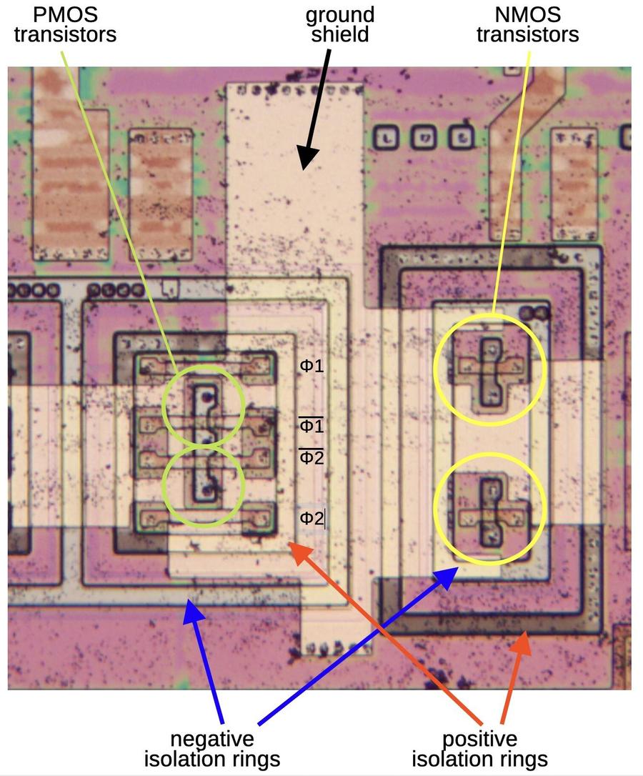 CMOS switches on the die. The metal layer was removed to show the transistors.
