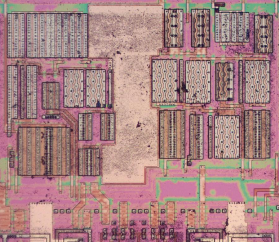 One of the chip's op-amps. I removed the metal layer to make the transistors visible.