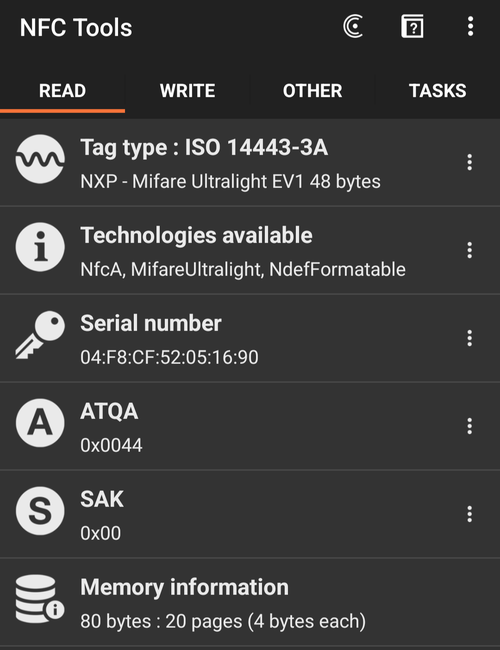The NFC Tools app shows that this card is a MIFARE Ultralight EV1.