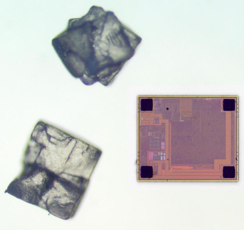 The chip next to grains of salt. I composited two images, one illuminated from above to show the die and one illuminated from below to show the salt.