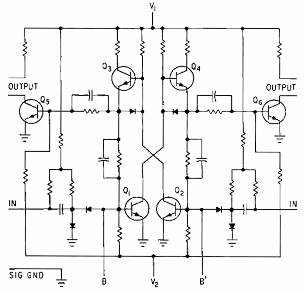 Flip-flop schematic. From Integrated circuits go operational, Electronics, Feb 15, 1963.