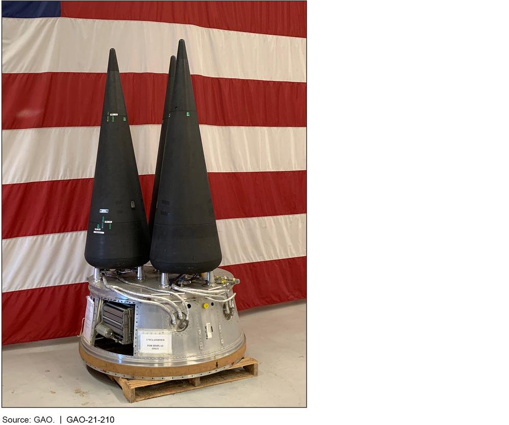 A MIRV configuration with three W78 warheads on the Minuteman III MK-12A reentry vehicle system. The conical reentry vehicles are smaller than you might expect, just under 6 feet tall (181 cm). In comparison, the Titan II had a reentry vehicle that was 14 feet long (4.3 m), holding a massive 9-megaton warhead. Photo from GAO-21-210.