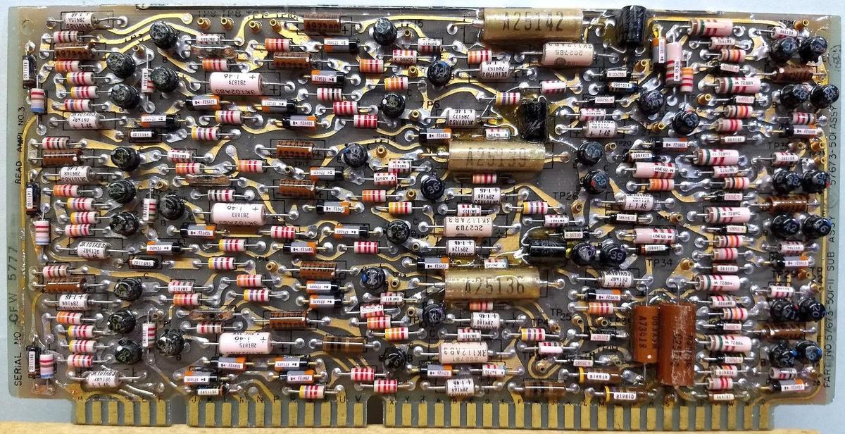 A read amplifier circuit board from the D-17B. Photo from bitsavers.