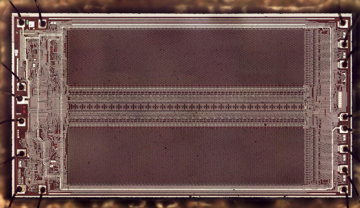 Die photo of the 4116 memory chip. Click for a larger image.