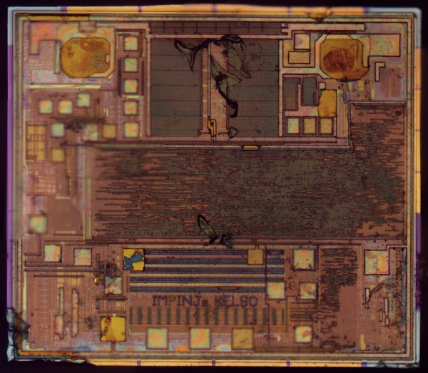 Die photo of the Impinj Monza R6 RFID chip.