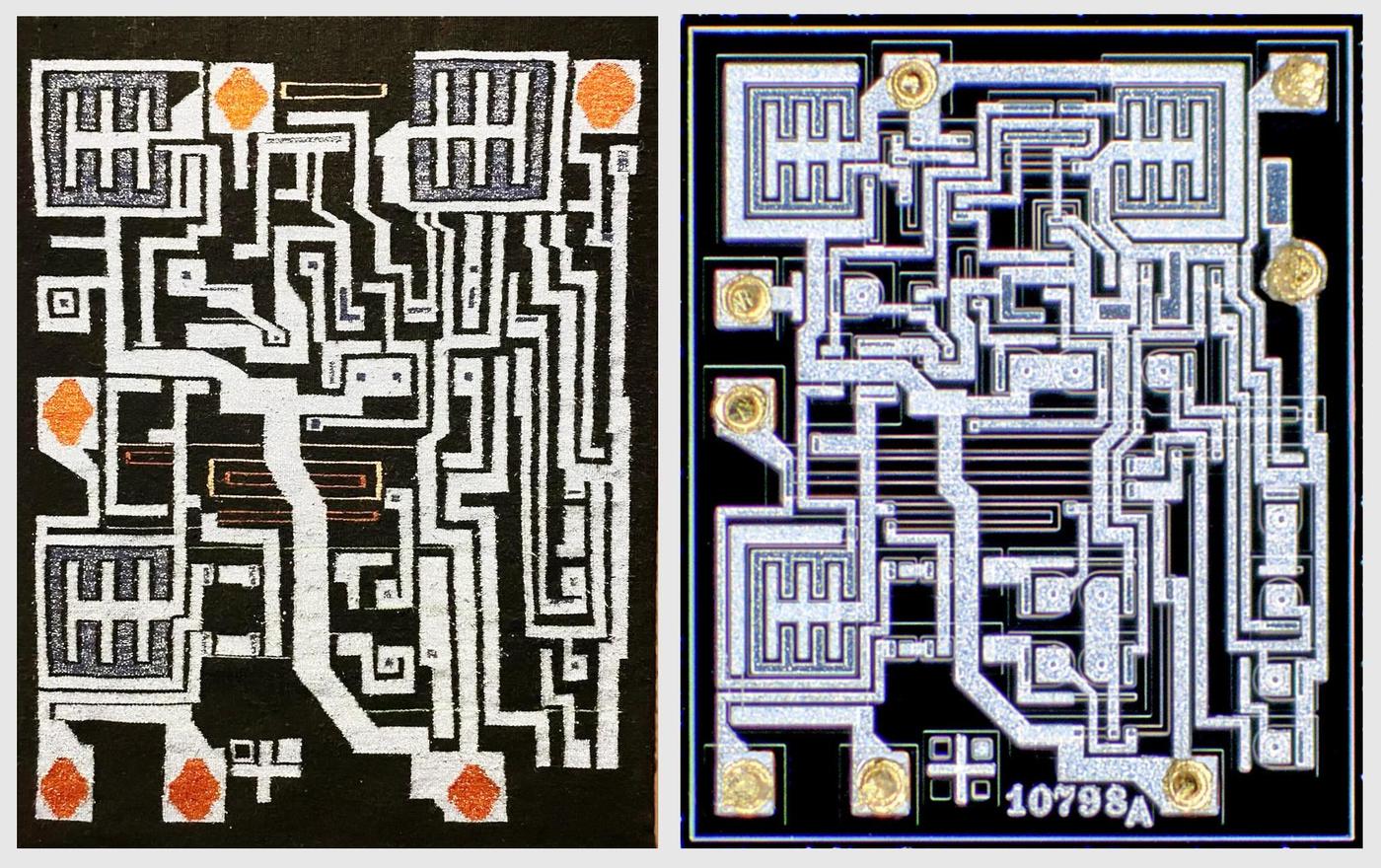 A comparison of the rug (left) and the original photograph (right).
Dark-field image of the 555 timer is courtesy of Antoine Bercovici.
