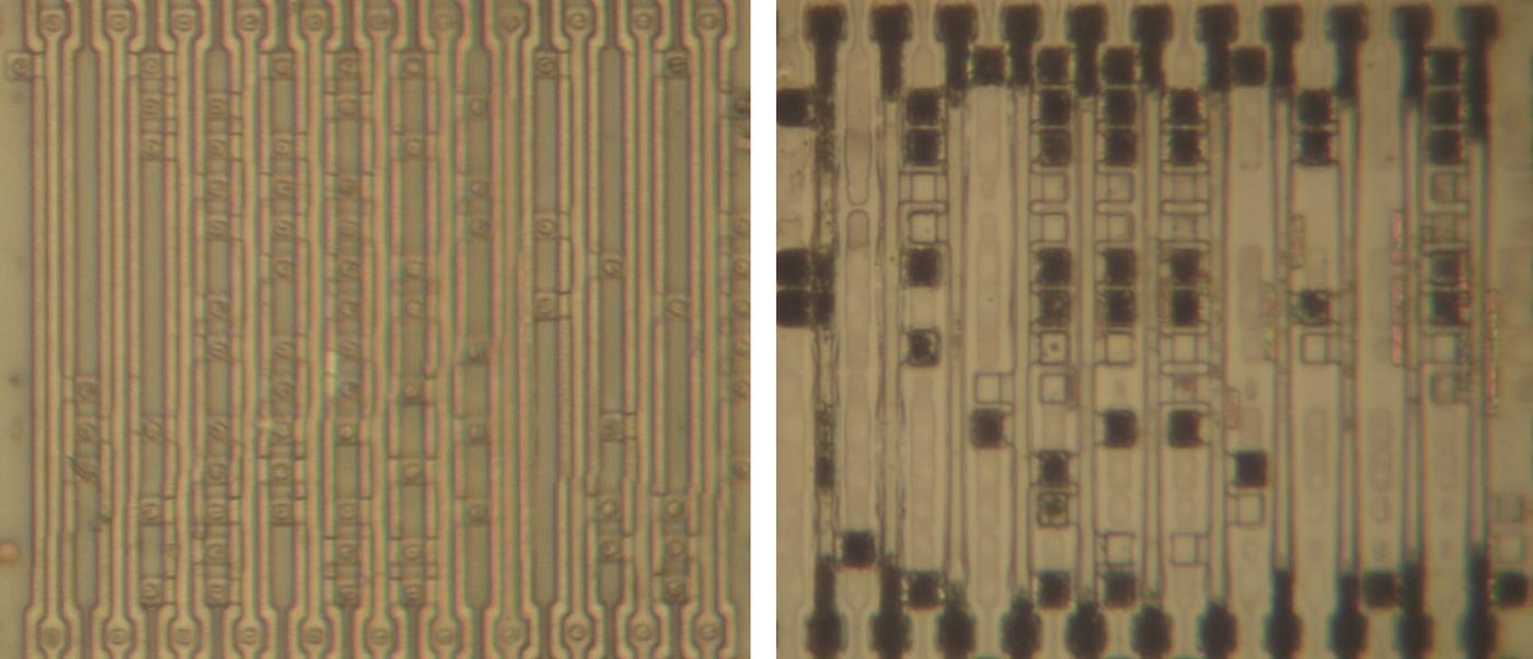 Top of the faulty PLA (left) and the fixed PLA (right). The metal layers were removed to show the silicon of the transistors. (Click for a larger image.)