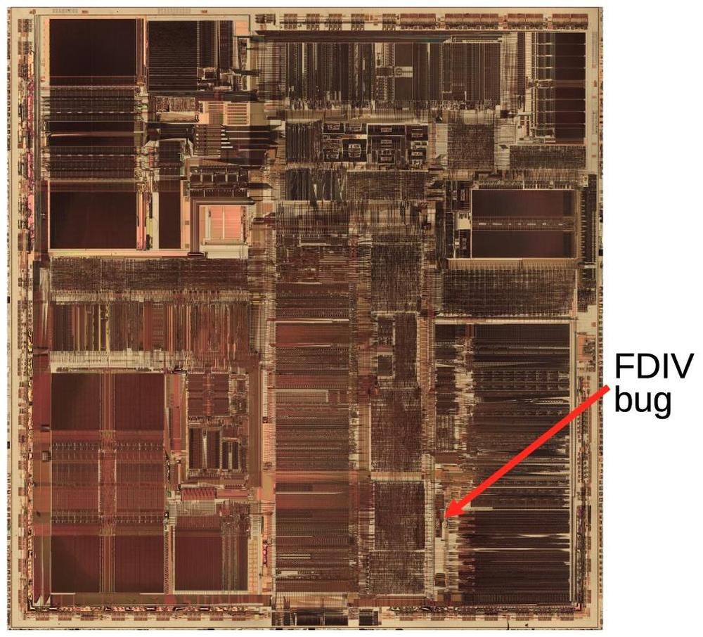 This die photo of the Pentium shows the location of the FDIV bug. Click this image (or any other) for a larger version.