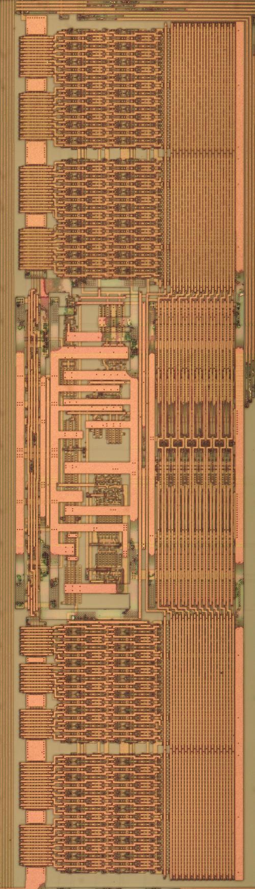 The Pentium PLA with the top metal layer removed, revealing the M2 and M1 layers. The OR and AND planes are at the top and bottom, with drivers and control logic in the middle.