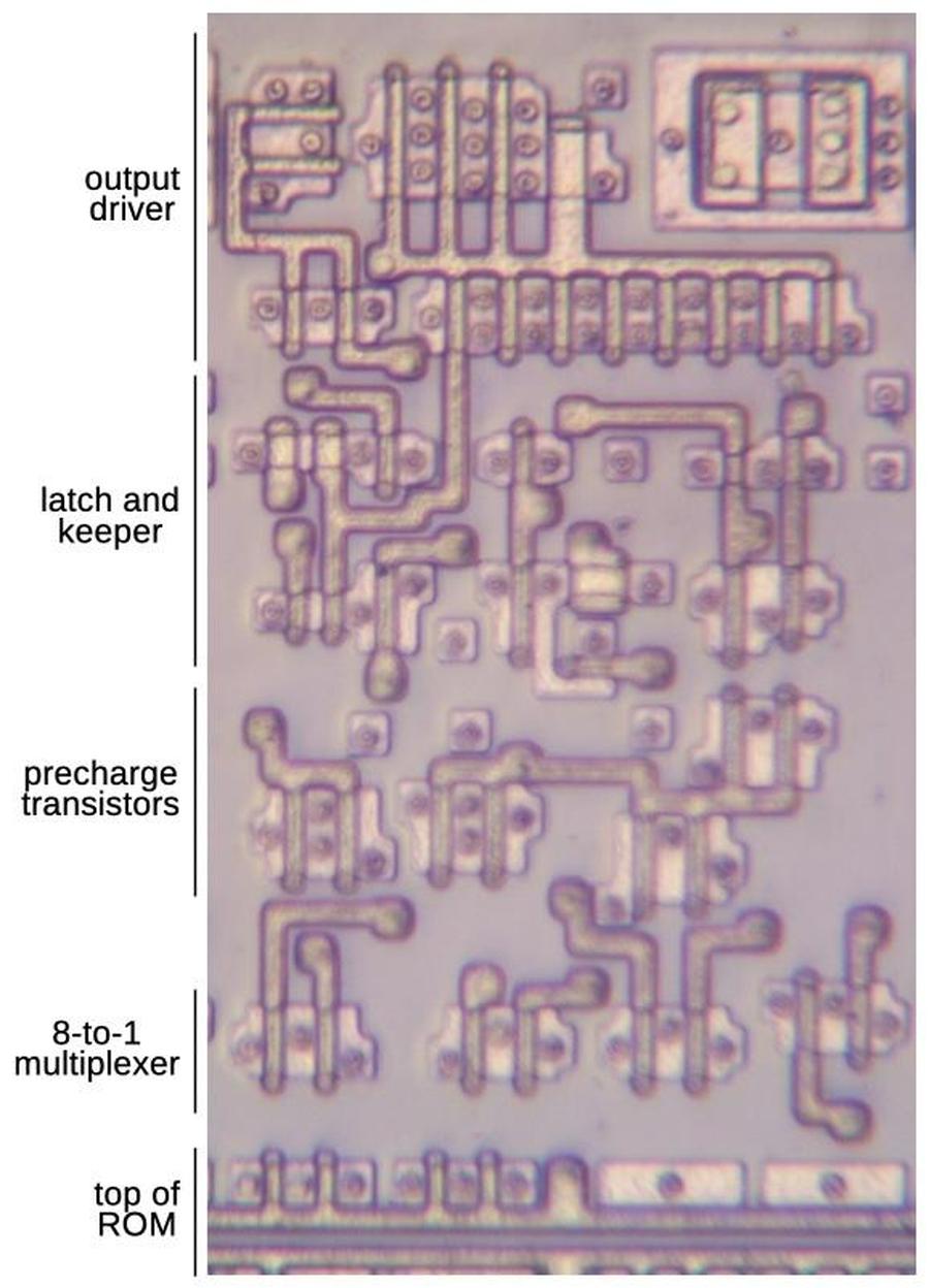 The silicon and polysilicon of the circuit, showing the functional blocks.