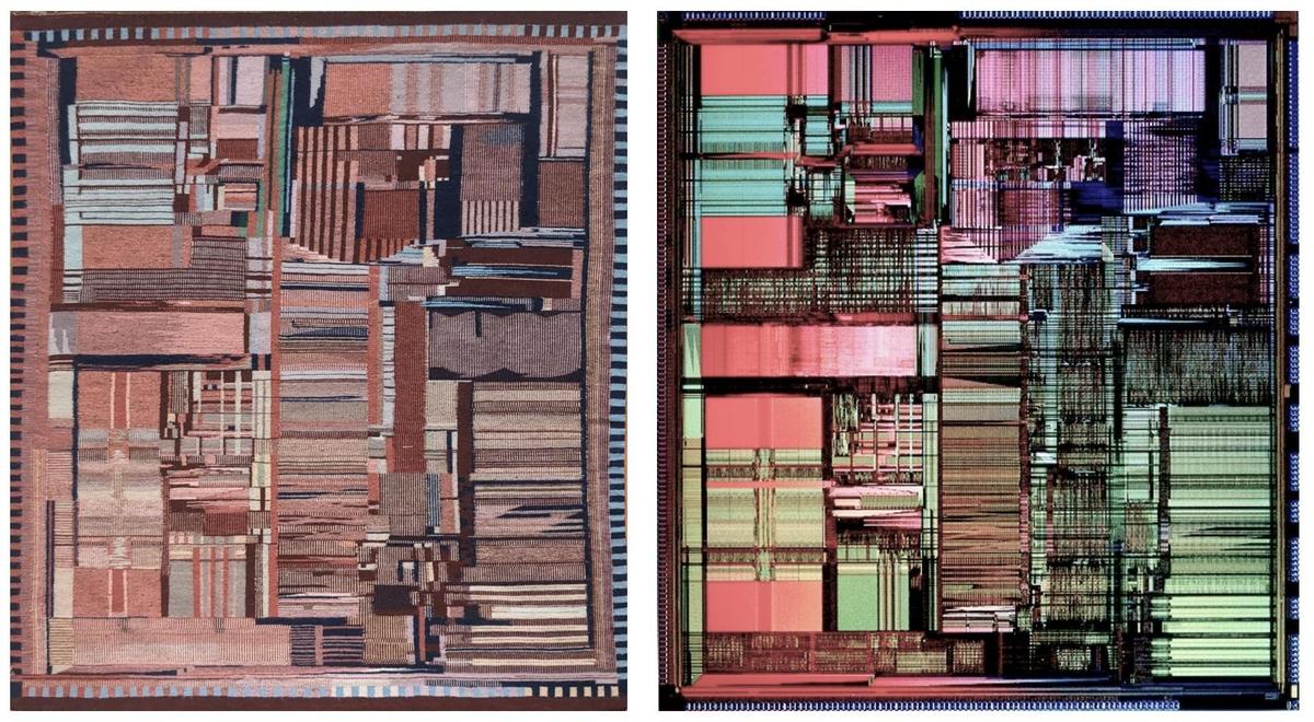 Comparison of the Pentium weaving (flipped vertically) with a Pentium die photo. Original die photo from Intel.