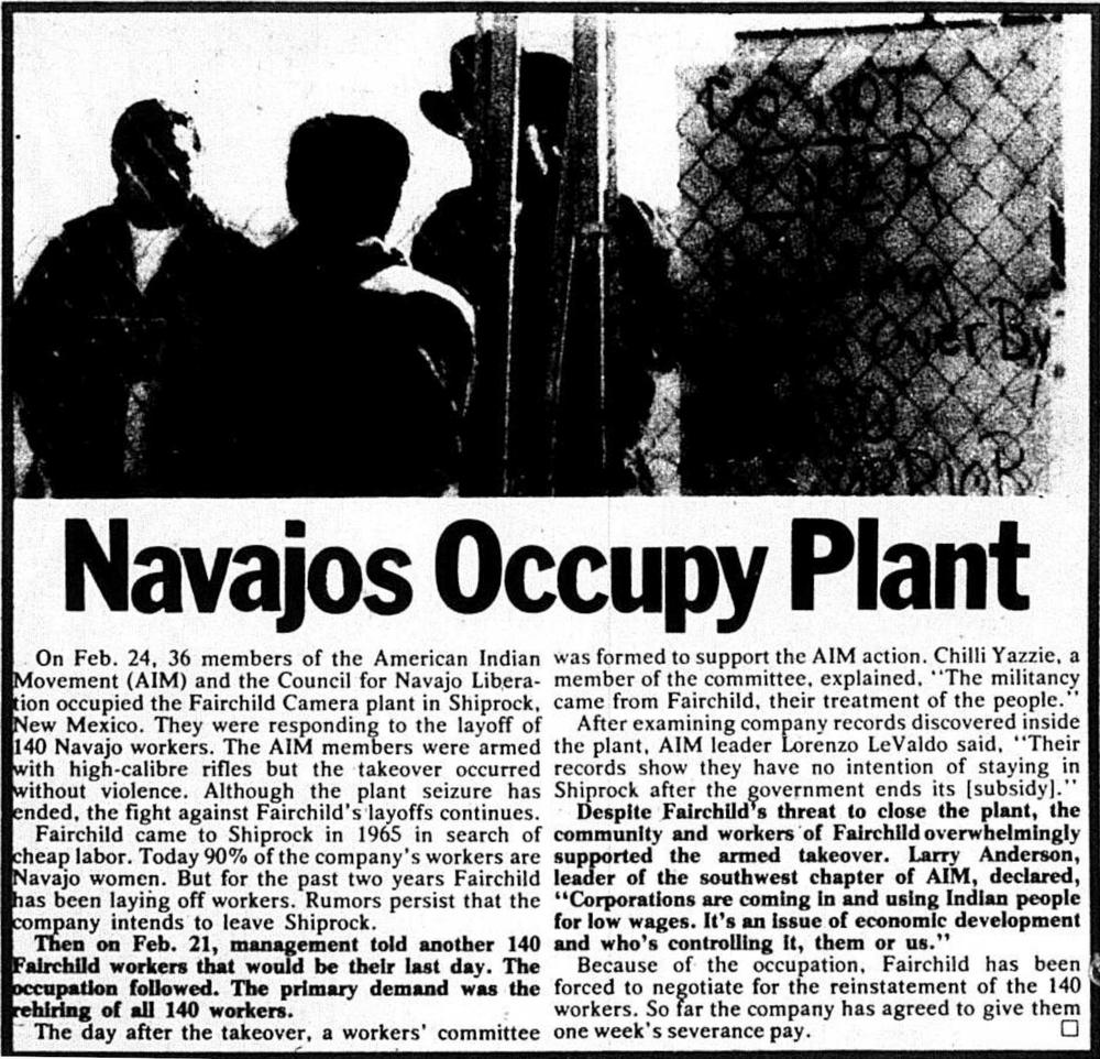 An article entitled "Navajos Occupy Plant". Contrary to the title, MacDonald stated that many of the occupiers were from other tribes and were not acting in the best interest of the Navajo. From Workers' Power, the biweekly newspaper of the International Socialists, March 13-26, 1975.