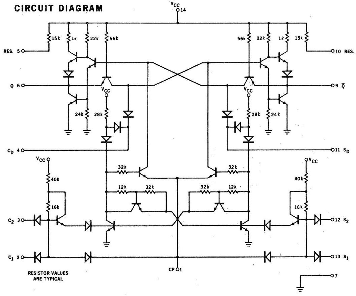 Schematic of the Fairchild 9040 flip-flop chip. From Fairchild 1970 Data Catalog.