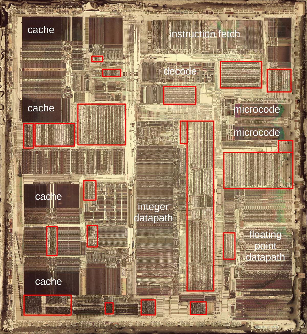 Die photo of the Intel Pentium processor with standard cells highlighted in red. The edges of the chip suffered some damage when I removed the metal layers. Click this image (or any other) for a larger version.