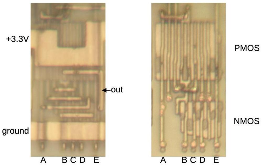 The OR-NAND gate as it appears on the die. The left image shows the M1 metal layer while the right image shows the silicon
and polysilicon.