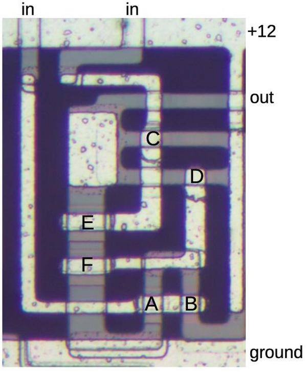 This diagram shows an inverter and a NAND gate on the die.