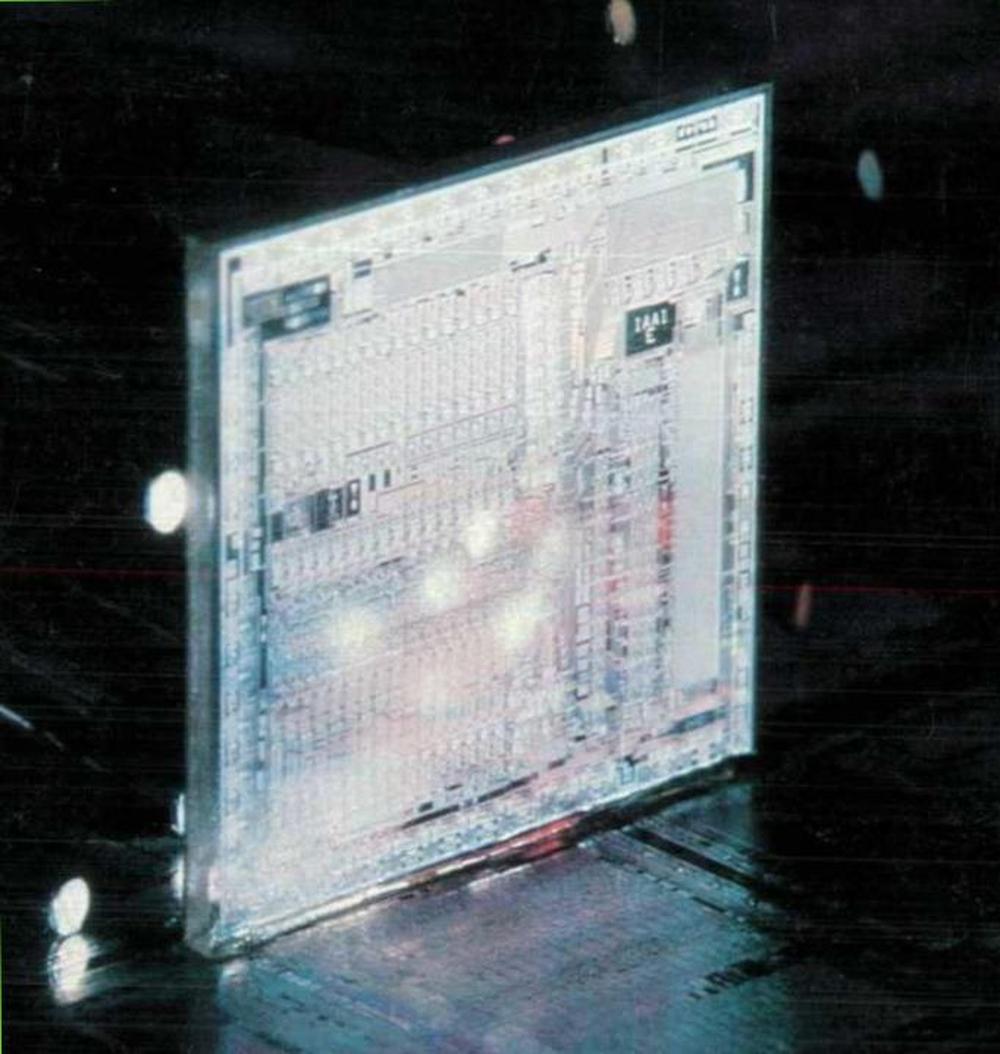 An HP MC2 die, illuminated from behind with fiber optics. From Hewlett-Packard Journal, April 1977.