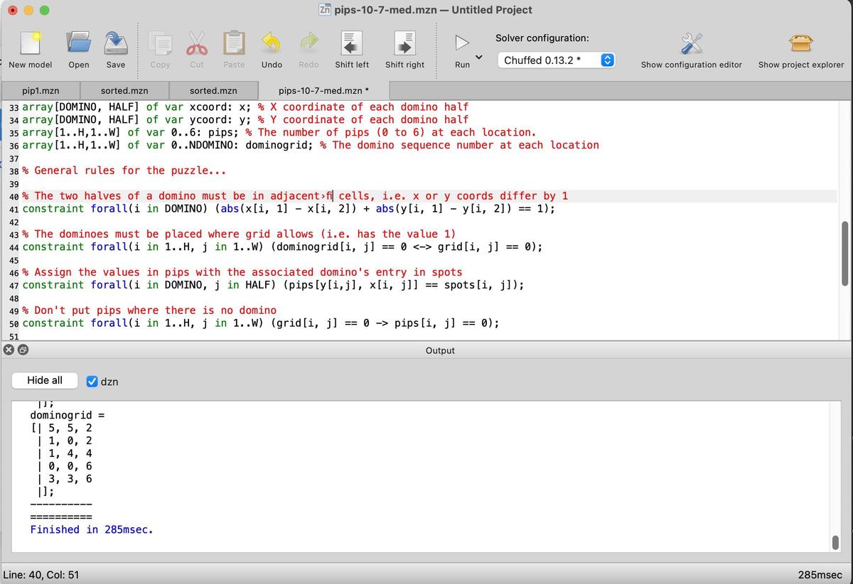 Screenshot of the MiniZinc IDE. Click for a larger view.