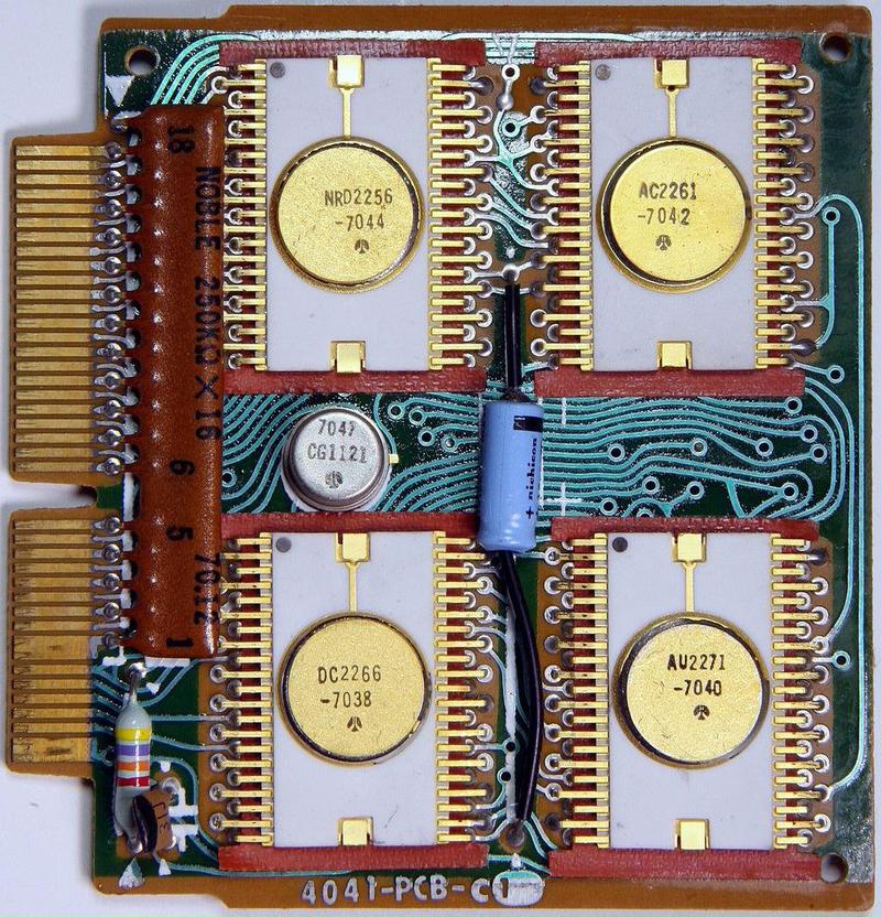 The circuit board for the Sharp EL-8 calculator. The clock IC is the small metal-can package in the middle. Photo from Mister rf (CC BY-SA 4.0).