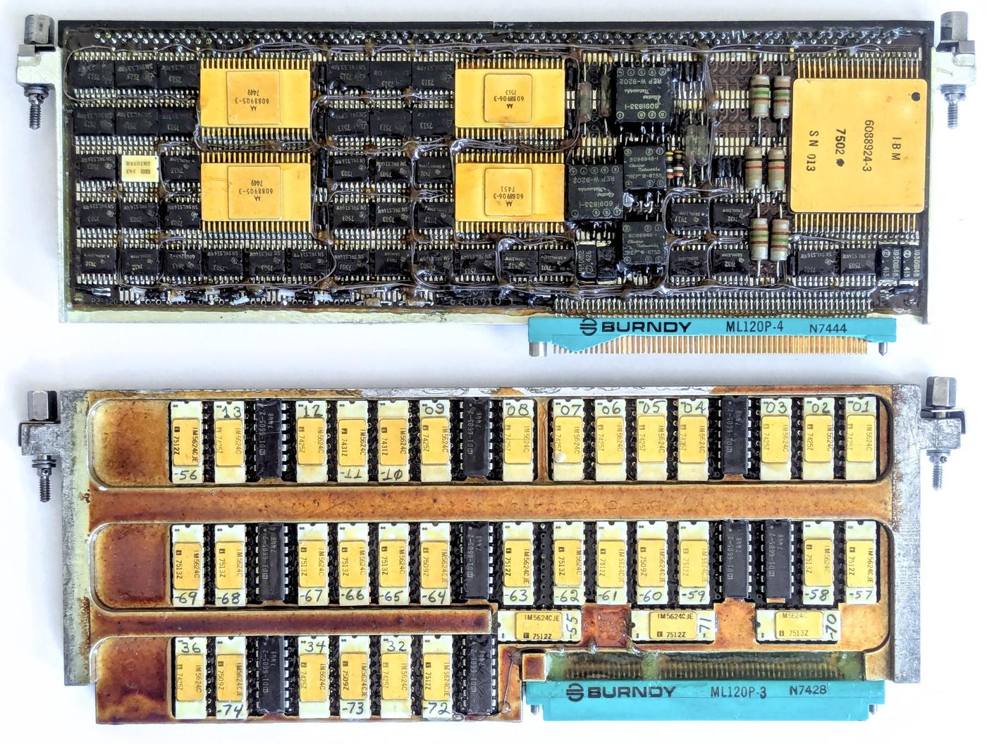 Two pages from the Space Shuttle I/O Processor: the "MIA" interface page and the PROM page.