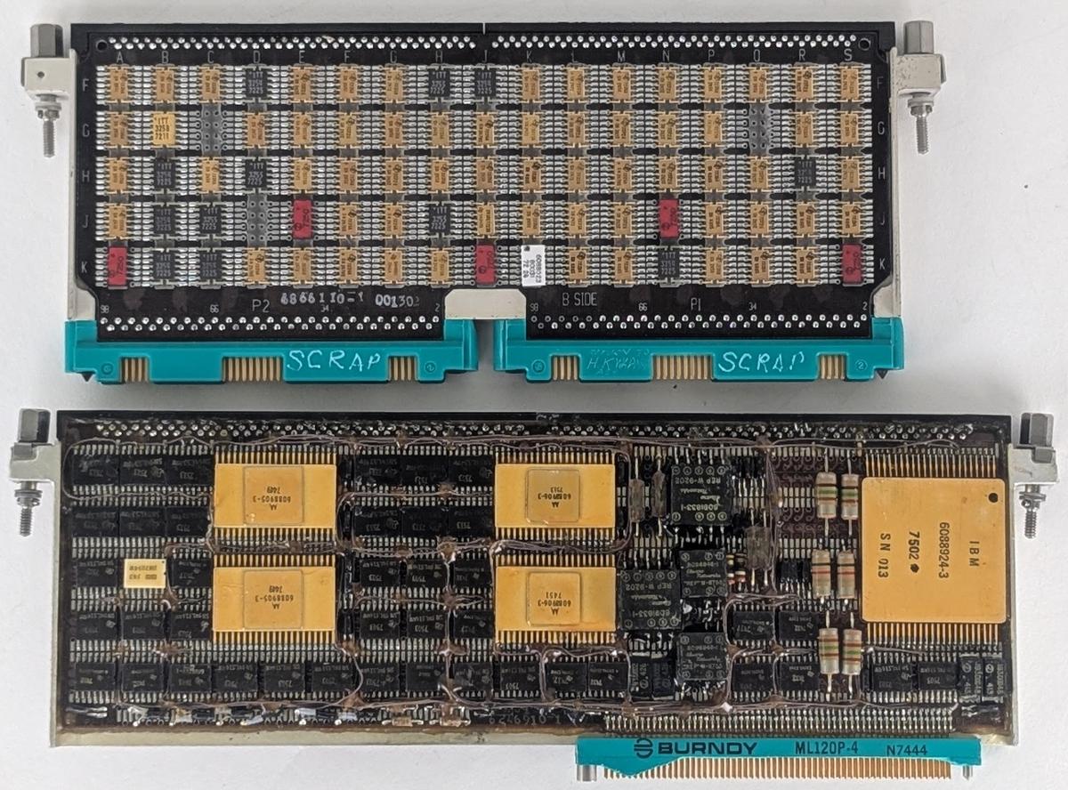 A comparison of a standard IBM 4 Pi page with the IOP page. 4 Pi page courtesy of Eric Schlaepfer. The 4 Pi page was in a bag labeled "FSD AWACS tester?" suggesting that it was a tester from IBM's Federal Systems Division for the E-3C Airborne Warning and Control System aircraft, which used an IBM 4 Pi computer.