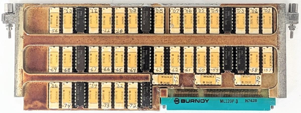 The PROM page holds the majority of the microcode for the I/O Processor. Although three chips are mounted sideways to avoid wasting space, there is even more wasted space at the left.