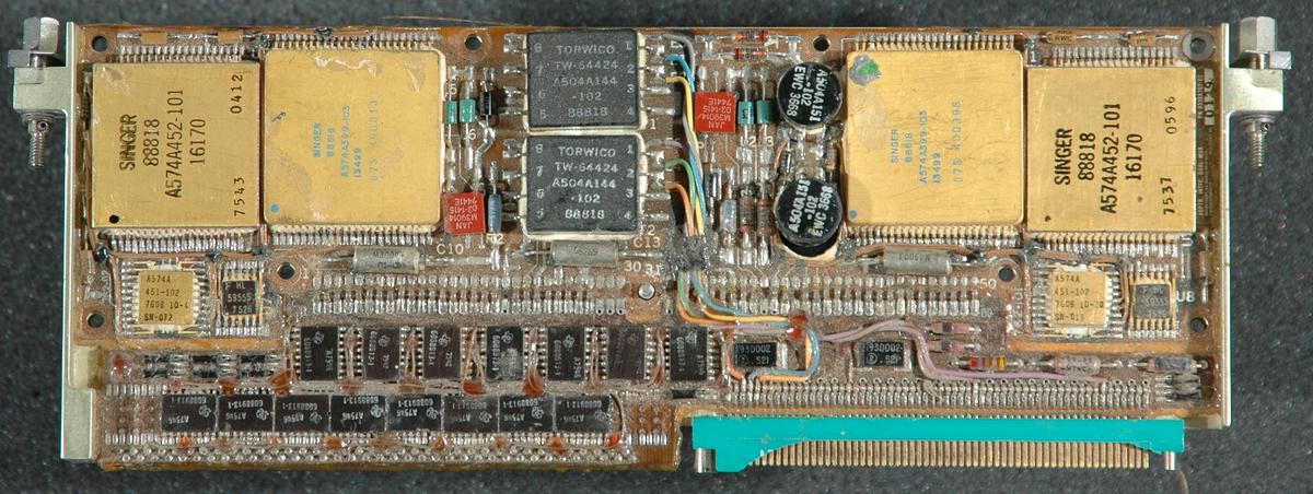 A Space Shuttle board. Note the broken connector; the plastic on these vintage Burndy connections is very often broken. From Space Shuttle Computers and Avionics, courtesy of Richard Katz.