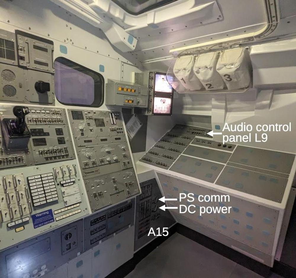 The connections for the teleprinter in the flight deck. This photo shows Atlantis in the Kennedy Space Center visitor complex. In use, the Shuttle was much more cluttered.