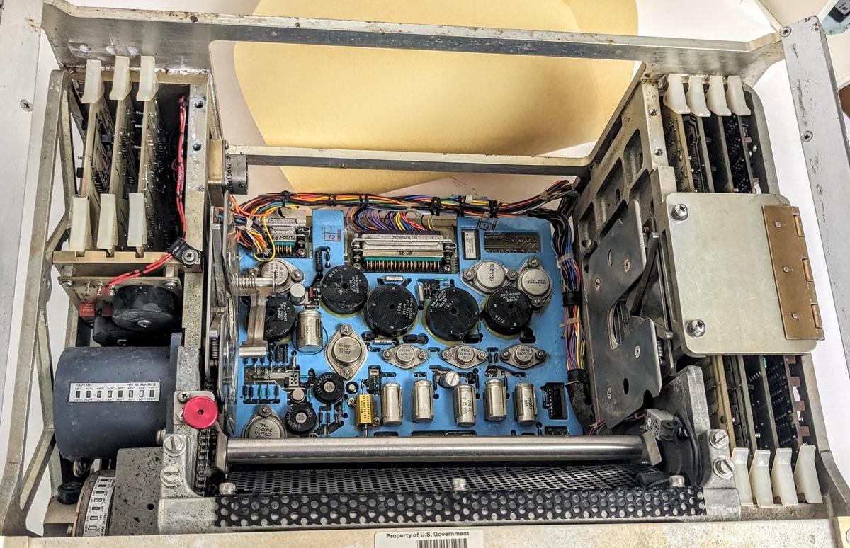 Inside the Shuttle teleprinter, showing the electronics.