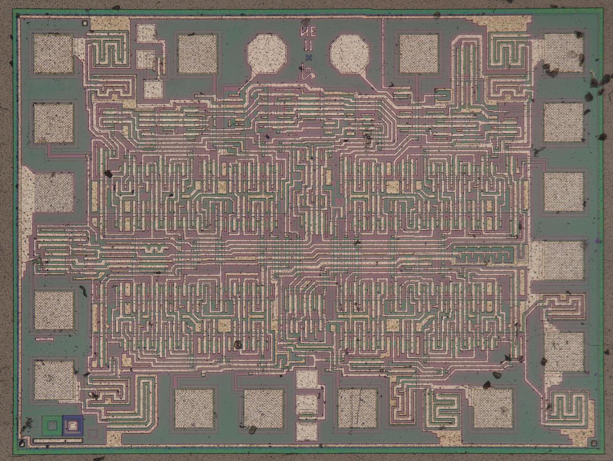 Die photo of the К561ИЕ11 chip on a wafer. Image courtesy of Martin Evtimov. Click this image (or any other) for a larger version.