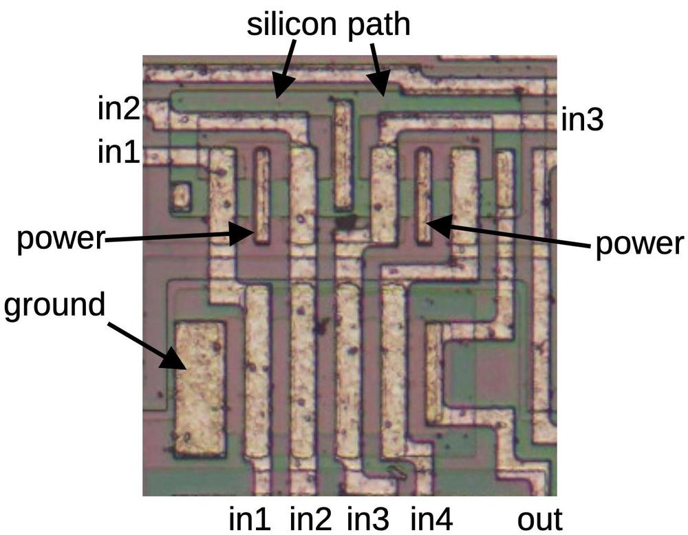 A four-input NAND gate as it appears on the die.