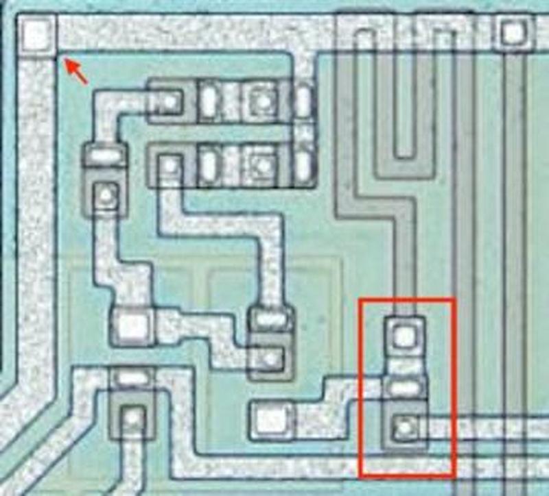 The transistors in the noise generator, with a tricky transistor highlighted.