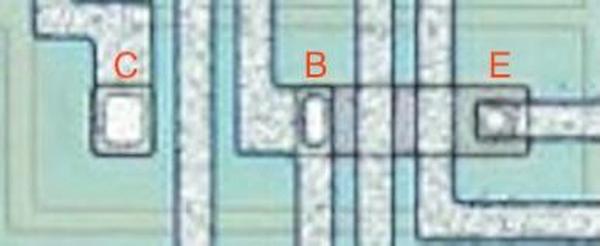 A transistor with gaps between the collector, base, and emitter.