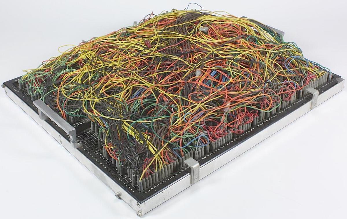 A plugboard for the Univac 1004. This board was used for payroll consolidation from 1965 to 1972. From Museums Victoria Collections, Copyright Museums Victoria / CC BY 4.0.