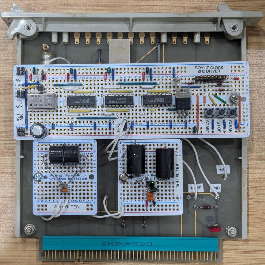 Marc added circuitry to board A1 to replace the two missing filters and the missing oscillator. (The oscillator was used earlier to drive a clock from Soyuz.)