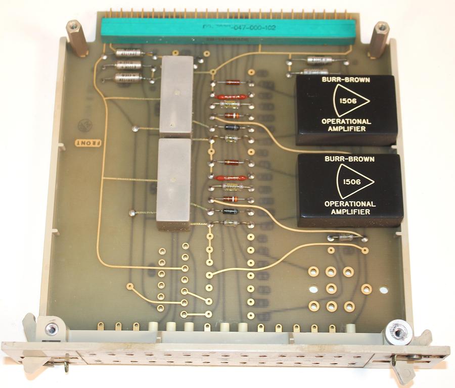 Board A22 handles two input signals. It has two op-amps and associated circuitry. Note the empty module positions; board A23 has these positions populated so it supports three inputs.