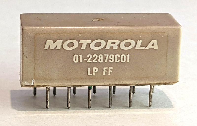 A Motorola "LP FF" module. This module implements a J-K flip-flop. "LP" could indicate low performance, low power, or low propagation; the system also uses "HP FF" modules, which could be high performance.